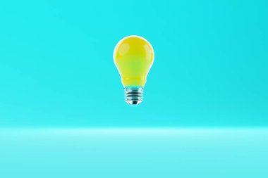 Yellow light bulb over a blue background. The concept of the formation of ideas, creativity, problem solving. Idea and creativity. 3d render