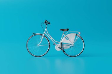 White bicycle on a blue background. Concept of cycling, environmental protection and keeping fit. 3D rendering, 3D illustration.