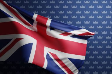 The flag of Great Britain on the background of the crown. Concept of development of Great Britain, economy and political relations of Great Britain. 3D render, 3D illustration.