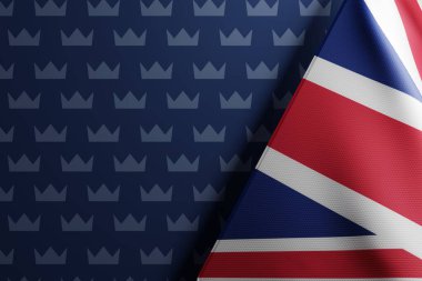The flag of Great Britain on the background of the crown. Concept of development of Great Britain, economy and political relations of Great Britain. 3D render, 3D illustration.