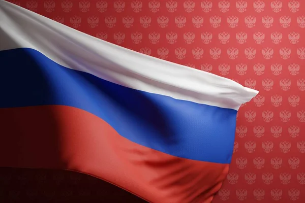 The flag of Russia against the background of the emblem of Russia. The concept of the development of the State of Russia, the economy and political relations of Russia. 3D render, 3D illustration.