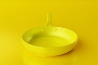Sarı arka planda sarı tava. Kızartma, pişirme konsepti. Mutfak malzemeleri, bulaşıklar. 3d hazırlayıcı.