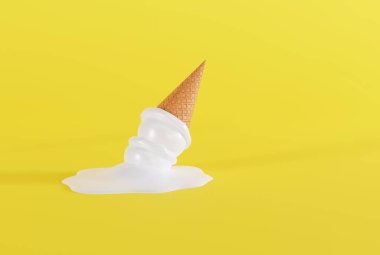 Erimiş buz yerde waffle ve sarı arka planda. Dondurma yeme, soğutma konsepti. 3B görüntüleme; 3B resimleme.