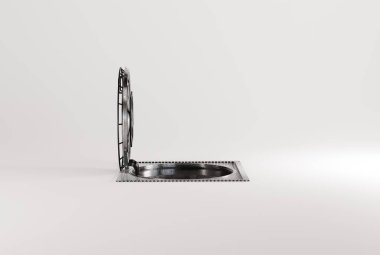 Open sewer manhole. The concept of falling into a hole, treasure hunting for new things. 3D render, 3D illustration.