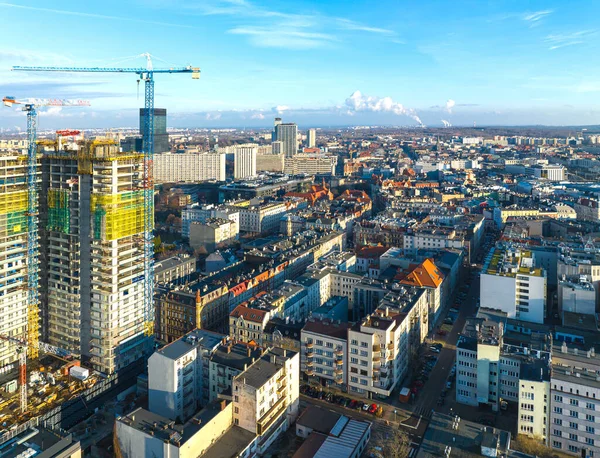 View from the drone on the city of Katowice. The concept of the city, development, buildings of the city of Katowice. Aerial view of Katowice.