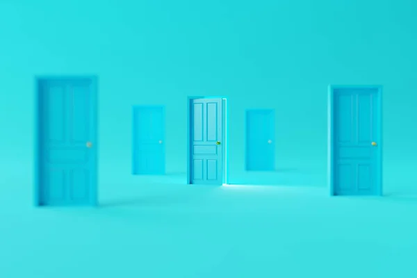 Lots of closed doors and one open. The concept of making decisions, entering new places, crossing borders. 3d render, 3d illustration