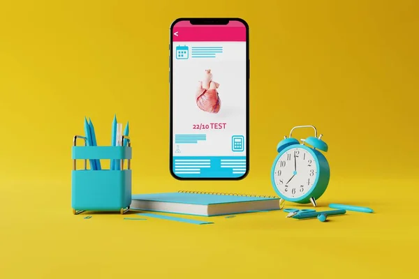 A phone with a school application on the background of school supplies such a notebook, scissors, pencils. Concept of back to school, learning, school exams. 3d rendering, 3d illustration.