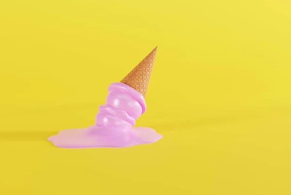 Melted ice in a waffle on the ground and yellow background. The concept of eating ice cream, cooling down. 3D render; 3D illustration.