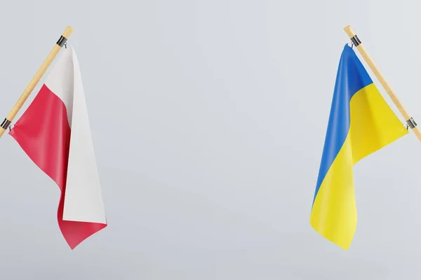 The flag of Ukraine and Poland facing each other. The concept of community and friendship between Poland and Ukraine. Polish support during the war. 3D render, 3D illustration.