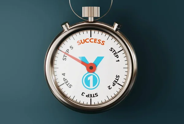 Stopwatch with the end of the time with the inscription Success. The concept of achieving success, fighting and striving to achieve success in life. 3D render, 3D illustration.