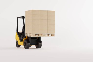 Forklift with a pallet and cardboard boxes. The concept of transport, the work of couriers and logistics companies. Couriers delivering parcels. 3D render, 3D illustration.