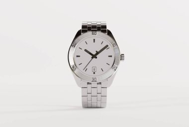 Silver metallic wristwatch, watch. Time checking concept, isolated watch. 3D render, 3D illustration.