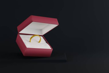 A box with a gold ring inside. Proposal concept, ring, engagement ring. 3D render, 3D illustration.