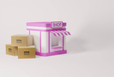 A building with the inscription SHOP and cardboard boxes, parcels next to it. Parcel delivery concept, logistics companies, sending parcels to customers. 3D render, 3D illustration.