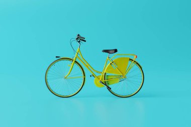 Yellow bicycle on a blue background. Concept of cycling, environmental protection and keeping fit. 3D rendering, 3D illustration.