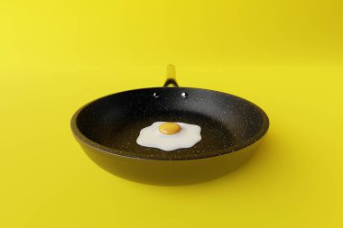 Pan with a fried egg on a yellow background. The concept of preparing a dish with egg, frying an egg in a pan. 3d render, 3d illustrator