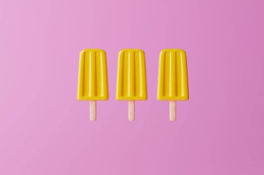 Yellow ice lolly on an pink background. Concept of summer, vacation. Cooling down on warm days. 3d rendering, 3d illustration.