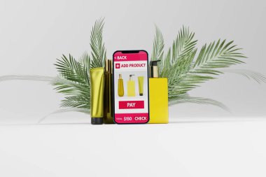 Kozmetik ürünlerinin arka planında online alışveriş başvurusu olan bir telefon. Ekommerce kavramı, çevrimiçi kozmetik alışverişi. Moda ve güzellik. 3B görüntüleme, 3B resimleme.