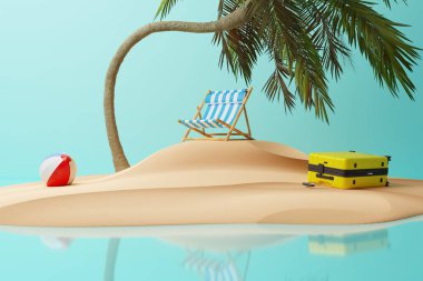 An island with a palm tree, a deckchair, a suitcase and a beach ball. Concept of vacation, resting on a deserted island. 3d rendering, 3d illustration.