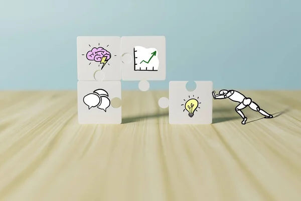 Geanimeerde Karakter Hecht Puzzel Met Het Bedrijfsleven Hersenen Gloeilamp Idee — Stockfoto