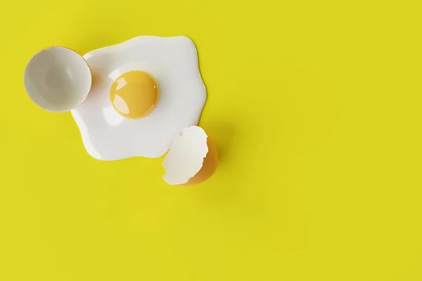 Broken egg on a yellow background. Concept of cooking eggs, making an omelette, breaking the shell. 3d render, 3d illustration