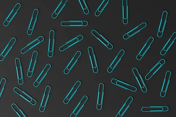 Blue office paper clips on a dark background. Concept of office work, creativity. 3d render, 3d illustration.