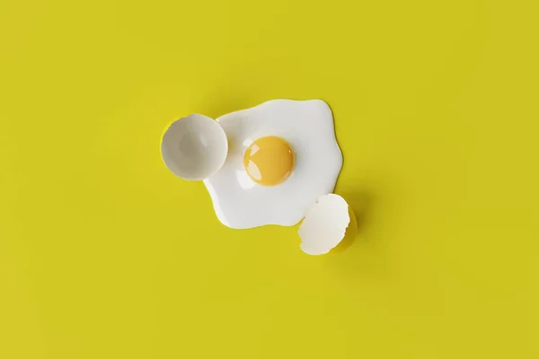 Broken egg on a yellow background. Concept of cooking eggs, making an omelette, breaking the shell. 3d render, 3d illustrator