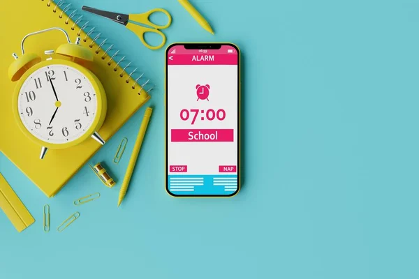 A telephone with an alarm clock on the background of school supplies and a blue background. Concept of getting up to school in the morning, back to school. 3d rendering, 3d illustration.