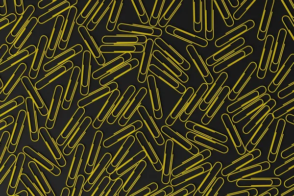 Yellow office paper clips on a dark background. Concept of office work, creativity. 3d render, 3d illustration.