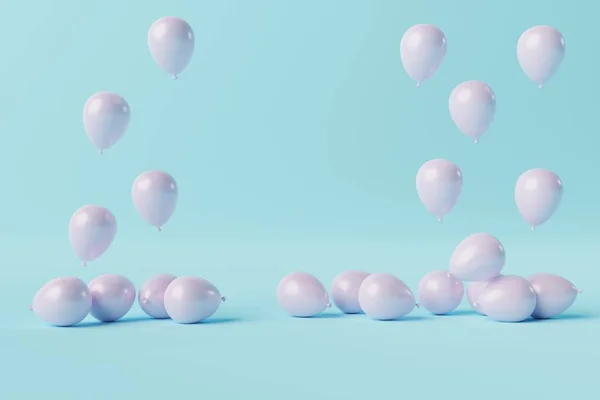 Pink balloons on a blue pastel background. Concept for the release of balloons, balloons inflated with air. 3d rendering, 3d illustration.