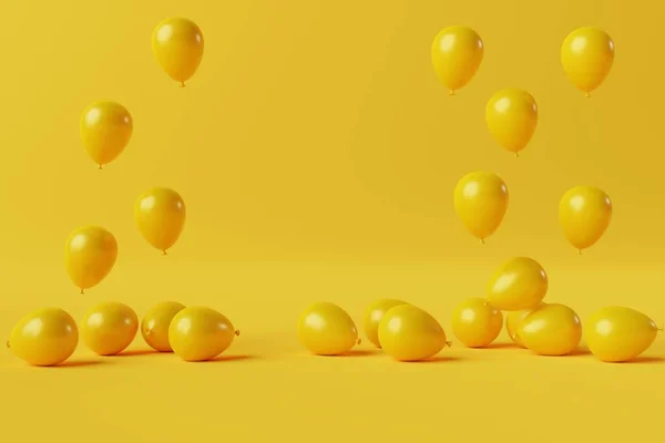 Yellow balloons on a yellow background. Concept for the release of balloons, balloons inflated with air. 3d rendering, 3d illustration.