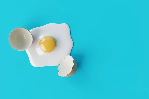 Broken egg on a blue background. Concept of cooking eggs, making an omelette, breaking the shell. 3d render, 3d illustrator