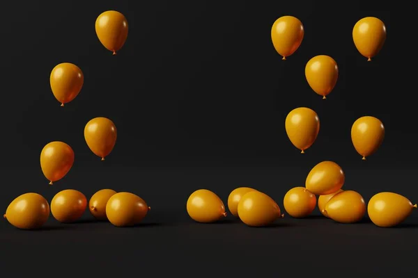 Orange balloons on a dark background. Concept for the release of balloons, balloons inflated with air. 3d rendering, 3d illustration.