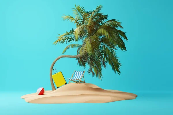 An island with a palm tree, a deckchair, a suitcase and a beach ball. Concept of vacation, resting on a deserted island. 3d rendering, 3d illustration.