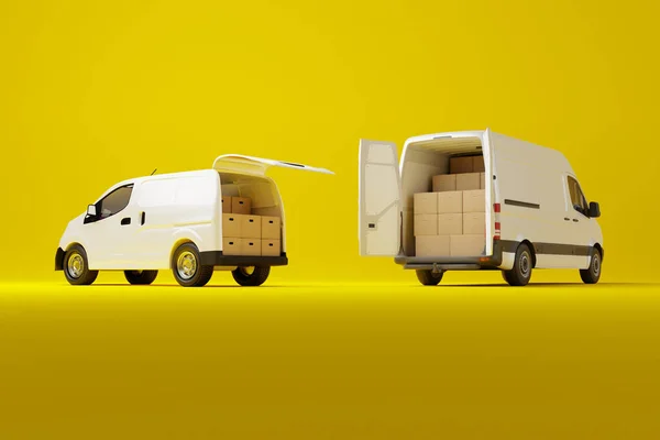 Two commercial delivery white vans with cardboard boxes on yellow background. Delivery order service company transportation box with vans truck. 3d rendering, 3d illustration.