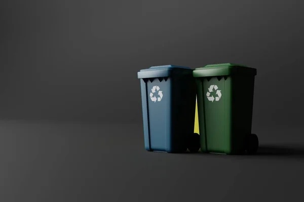 Waste bins for segregation. Wastepaper basket in different colors for the sorting of paper, glass, plastic. Recycling concept, taking care of the environment. 3d rendering, 3d illustration.