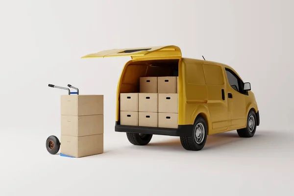 白い背景に段ボール箱付き商用配信黄色のバン 配達注文サービス会社輸送ボックスのビジネス背景でバントラック 3Dレンダリング 3Dイラスト ロイヤリティフリーのストック写真