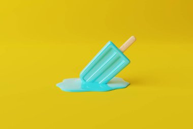 Pastel arka planda erimiş mavi buz lolipopu. Yaz tatili kavramı. Sıcak günlerde serinlemek. 3d görüntüleme, 3d illüstrasyon.