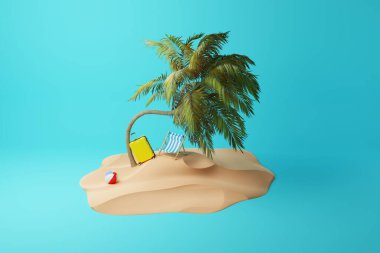 An island with a palm tree, a deckchair, a suitcase and a beach ball. Concept of vacation, resting on a deserted island. 3d rendering, 3d illustration.