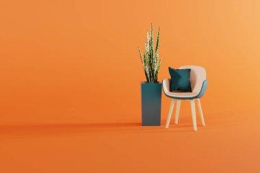 A modern chair with a pillow and a plant in a pot on a orange background. Minimalistic and abstract concept. 3d render, illustration.