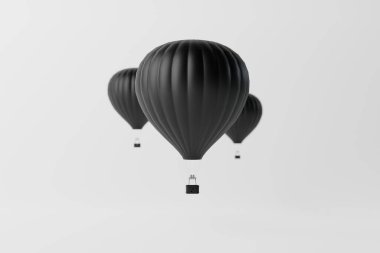 Black air balloons on a white background. Air balloon flying concept, attraction. Reaching for the sky. 3d rendering, 3d illustration.