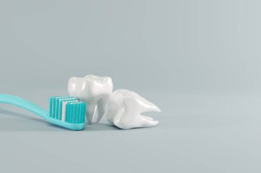 Toothbrush and tooth. Concept of caring for the teeth, checkup at the dentist. 3d render, illustration.