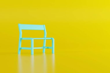 Blue bench on a yellow background. Concept of loneliness, spending time alone. Alienation. 3d render, 3d illustration.