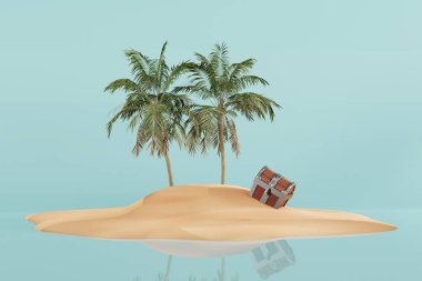 A deserted island with a treasure, gold. Concept of searching for adventure, treasures. 3d render, 3d illustration.