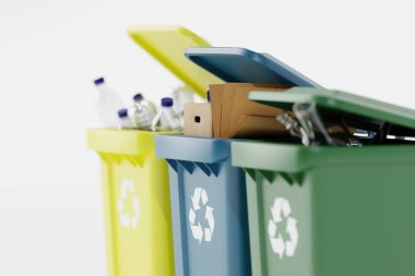 Ayrımcılık için çöp kutuları. Kağıt, cam ve plastiği ayırmak için farklı renklerde çöp sepeti. Geri dönüşüm konsepti, çevre bakımı. 3d görüntüleme, 3d illüstrasyon.