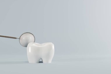 White tooth and a dental mirror on a blue background. Concept of caring for the teeth, checkup at the dentist. 3d render, illustration.
