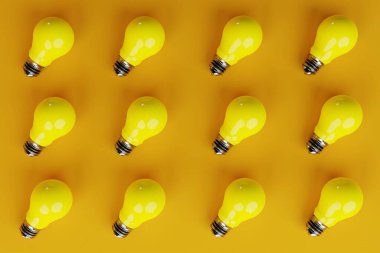 Top view of a bunch of yellow light bulbs over a yellow background. The concept of the formation of ideas, creativity, problem solving. 3d render
