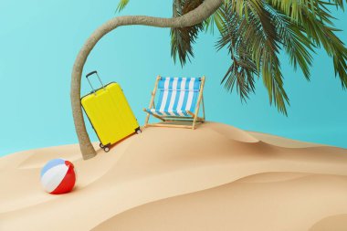 An island with a palm tree, a deckchair, a suitcase and a beach ball. Concept of vacation, resting on a deserted island. 3d rendering, 3d illustration.