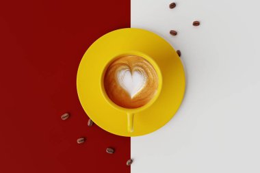 Top view of a yellow cup of coffee on a red pastel background and a coffee zone. Concept of drinking coffee, cafe. Energy. 3d rendering, 3d illustration.