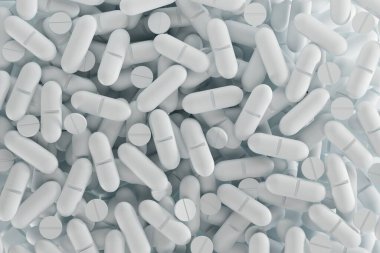 Top view of the tables. Pharmaceutical concept, drug use, pill taking. 3d render.